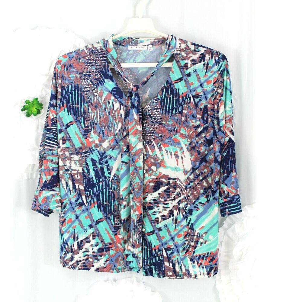 NOTATIONS Abstract Print Top Womens XL Tie Neck EASY CARE Blouse Top Button Up